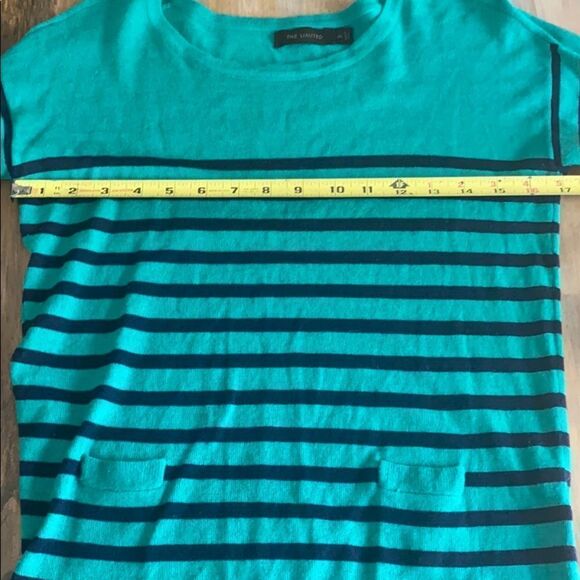 The Limited XS Green & Blue Stripe Sweater Longe Sleeves Two Small Front Pockets - Picture 5 of 7